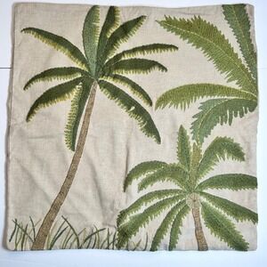 Pottery Barn Coastal Palm Tree Embroidered Pillow Cover 24x24 Linen Blend